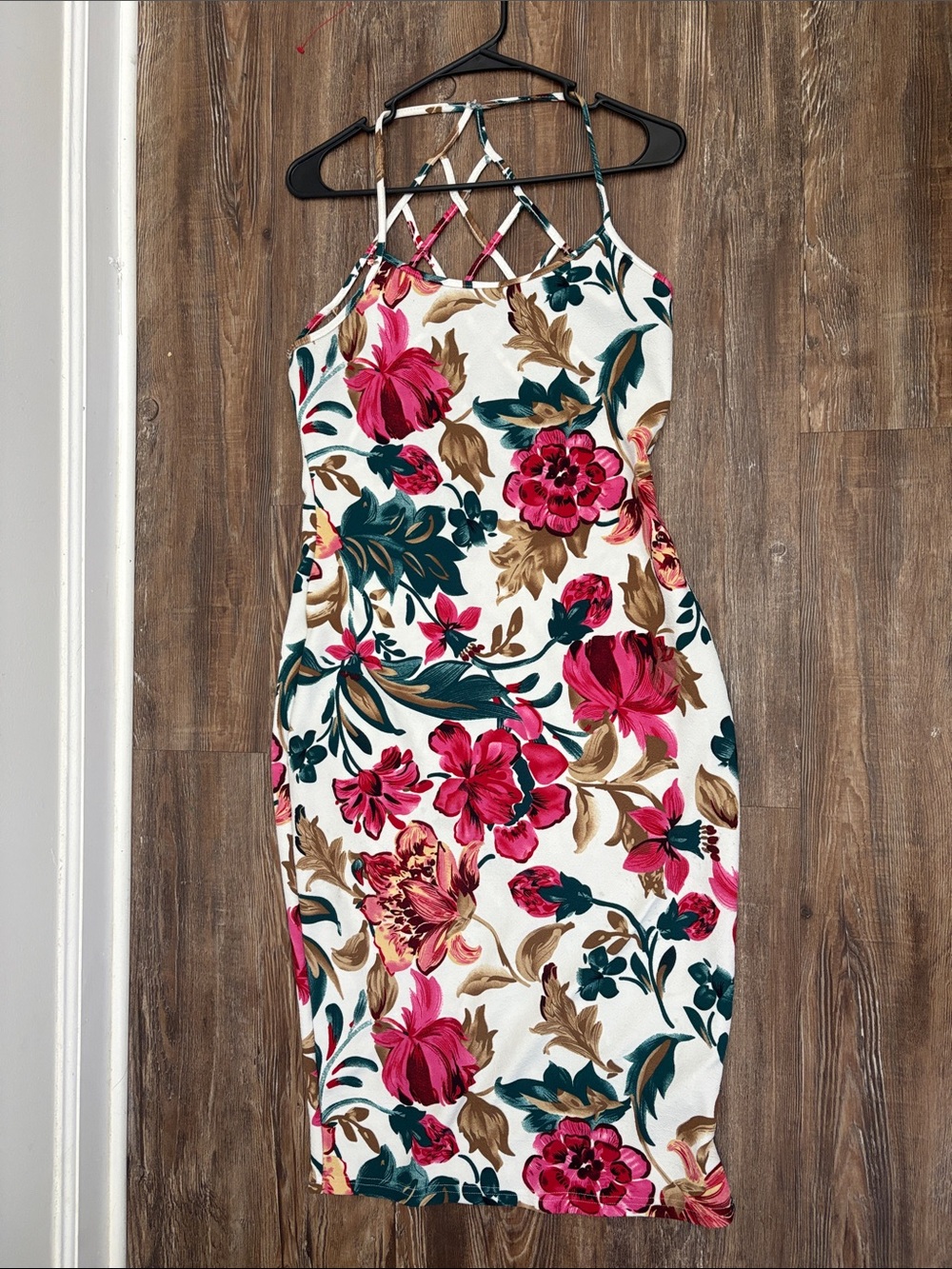 Vibrant Strappy White Midi Dress with Pink & Green Blooms M/L